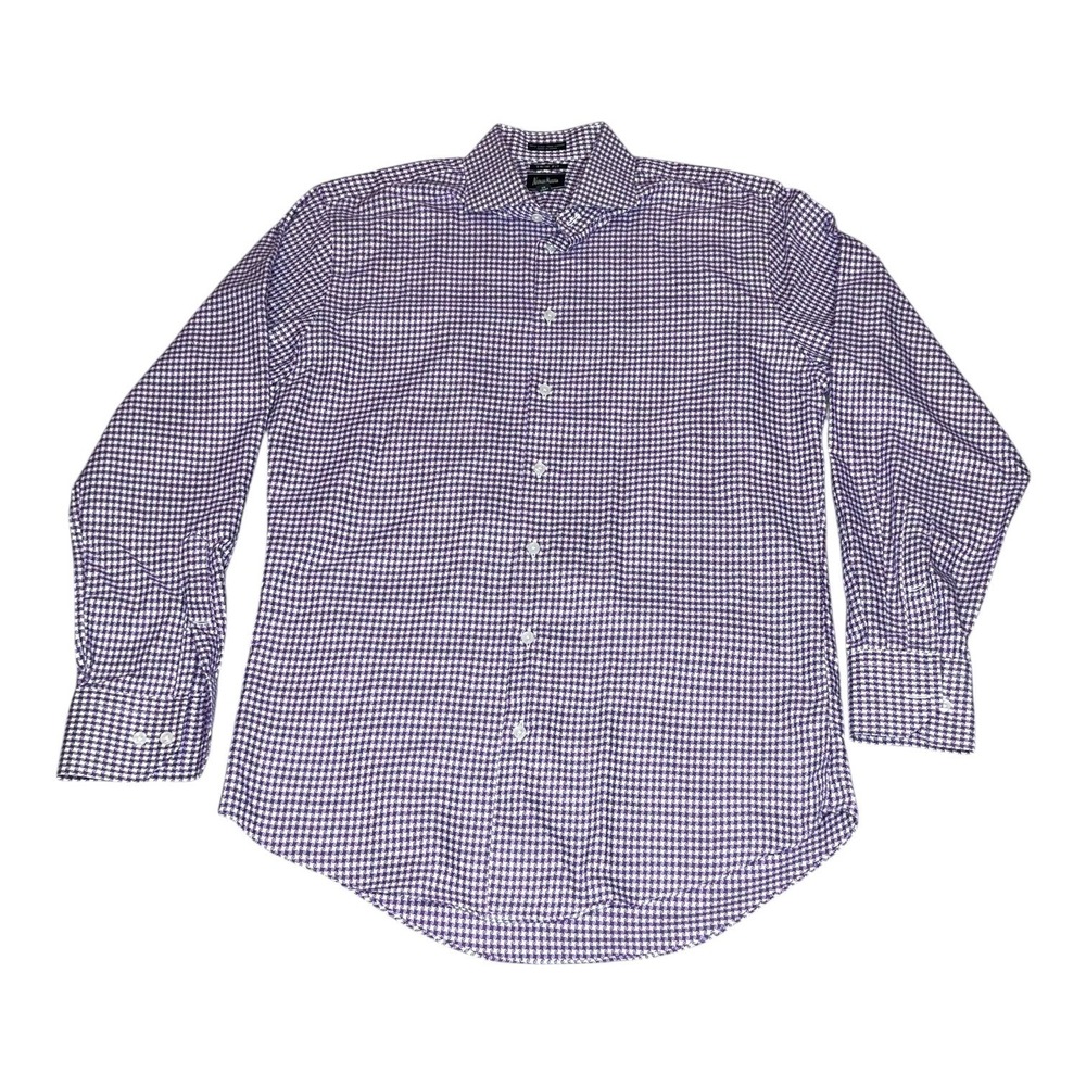 Neiman Marcus Mens Purple Spread Collard Houndstooth Trim Fit Shirt 15.5 34/35